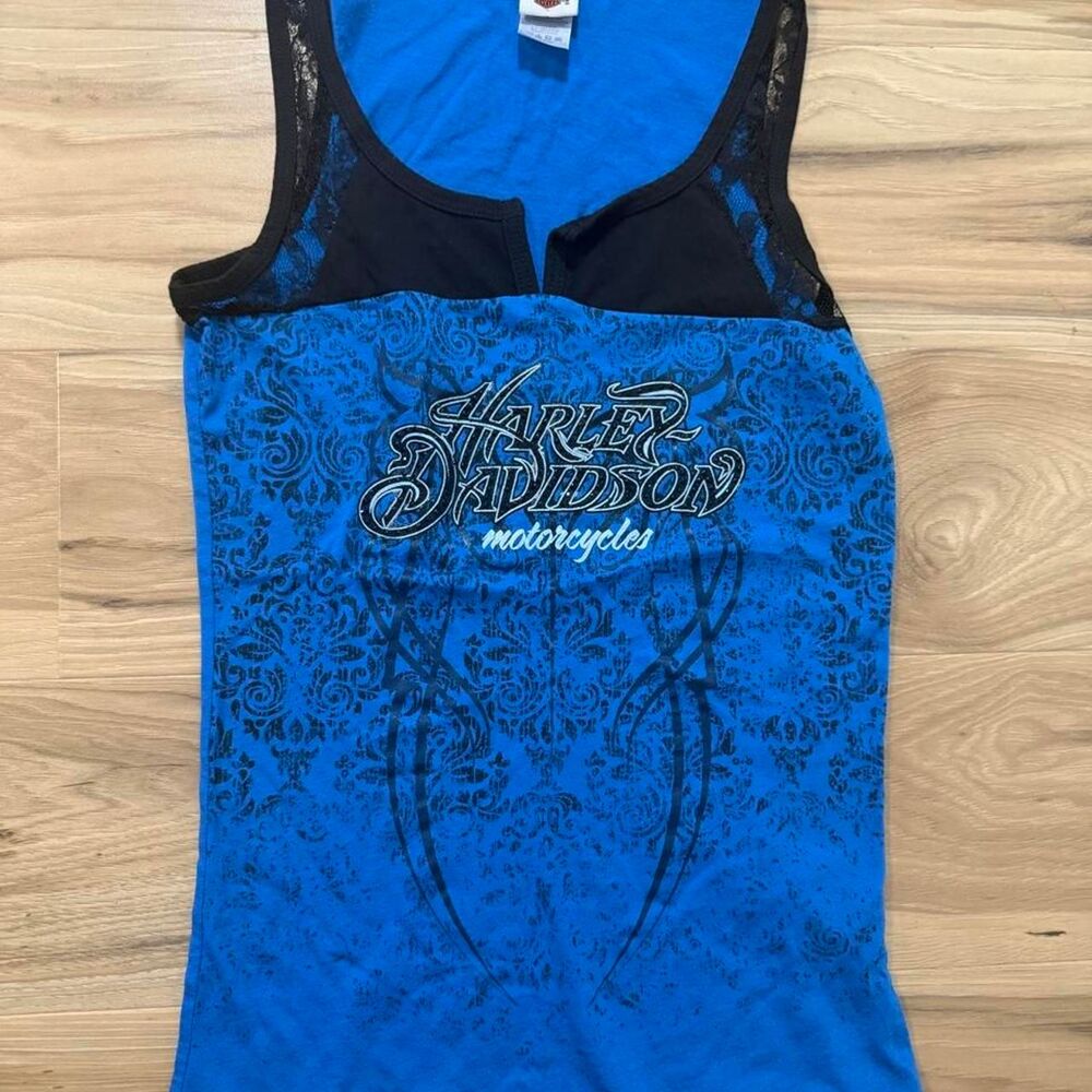 Y2K style AOP Harley Davidson blue tank top paisley grunge biker Size Small